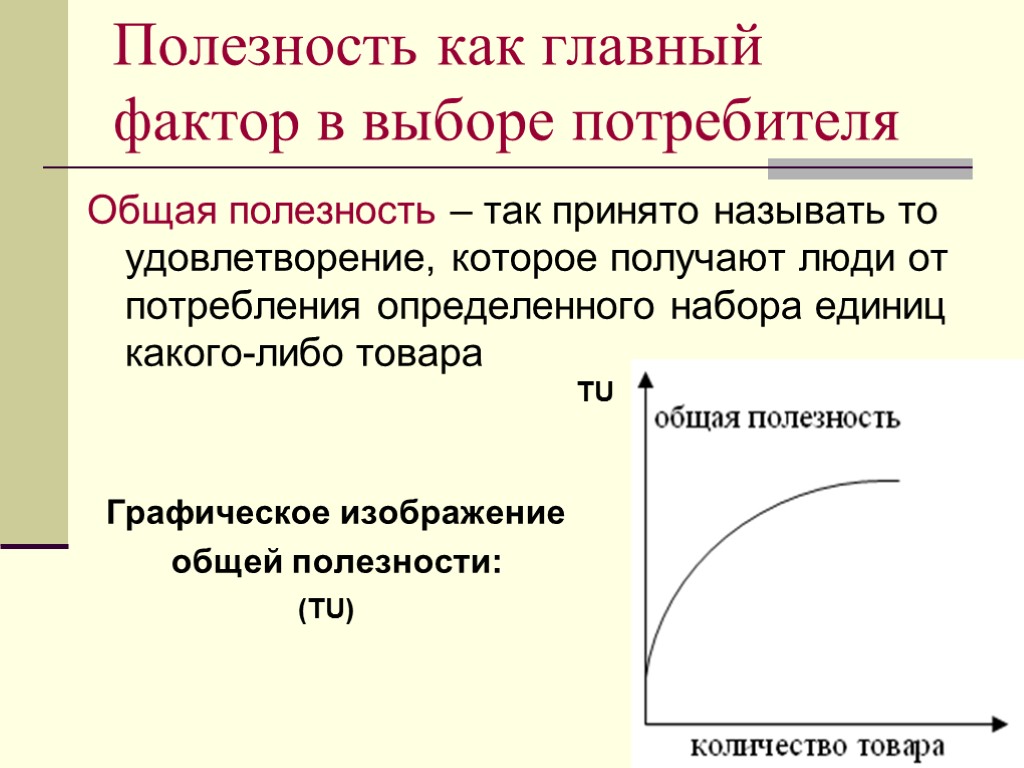 Полезность как главный фактор в выборе потребителя Общая полезность – так принято называть то